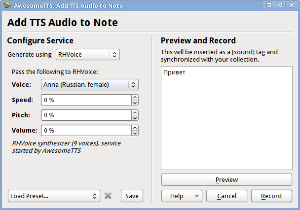 AwesomeTTS note editor dialog with the RHVoice service activated