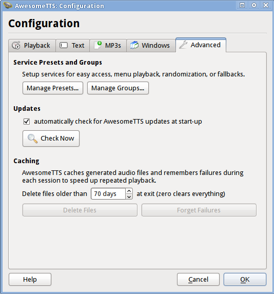 AwesomeTTS configuration dialog with the Advanced tab selected