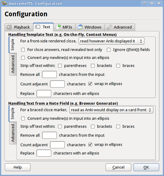AwesomeTTS configuration dialog with the Text tab selected